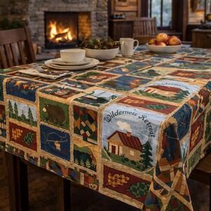 Vintage 2001 Wilderness Retreat Cabin Bear Tablecloth 70x70 Lodge Rustic